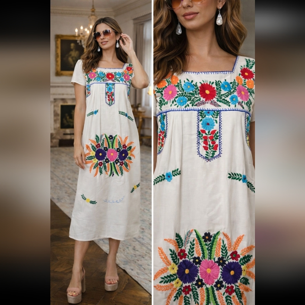 VINTAGE COTTON EMBROIDERED MIDI DRESS FLORAL BOHO SIZE S